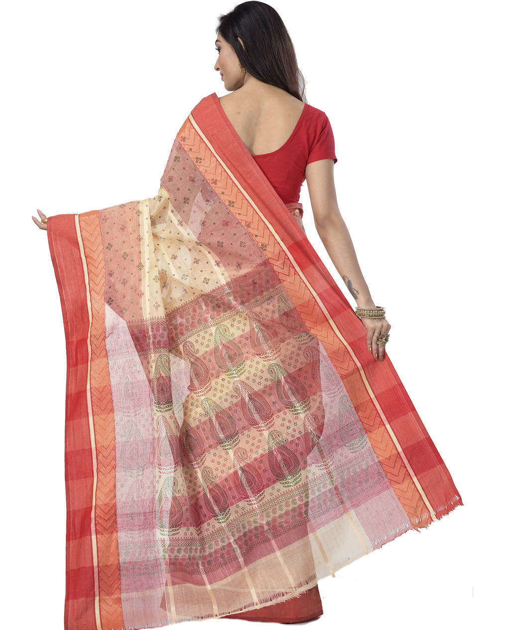 Red Pure Cotton ANARKOLI PRINT Tant Saree Print (4073)